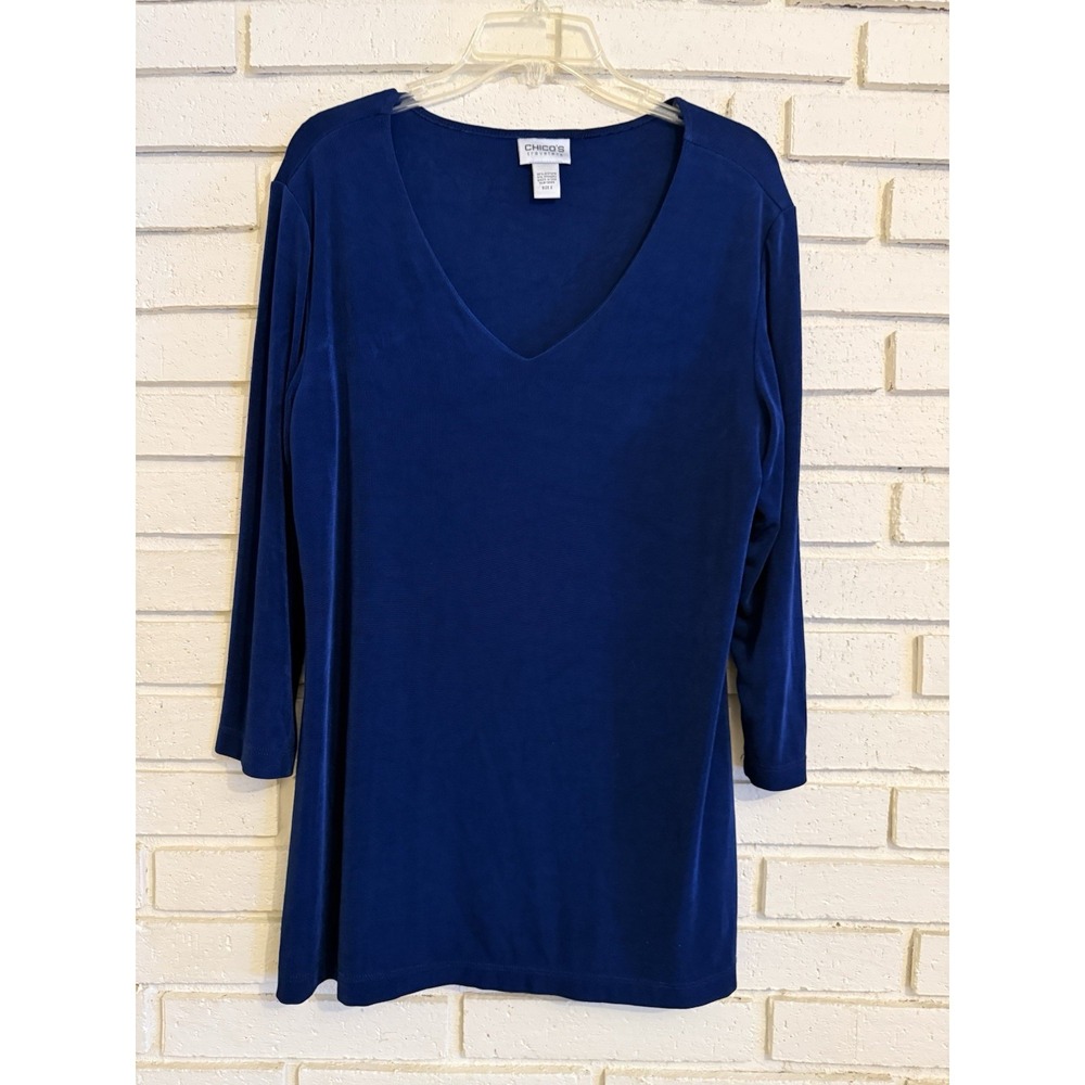 Chico's Traveler 2 Blue Long Sleeve V-neck Slinky Top - Size Large Packable